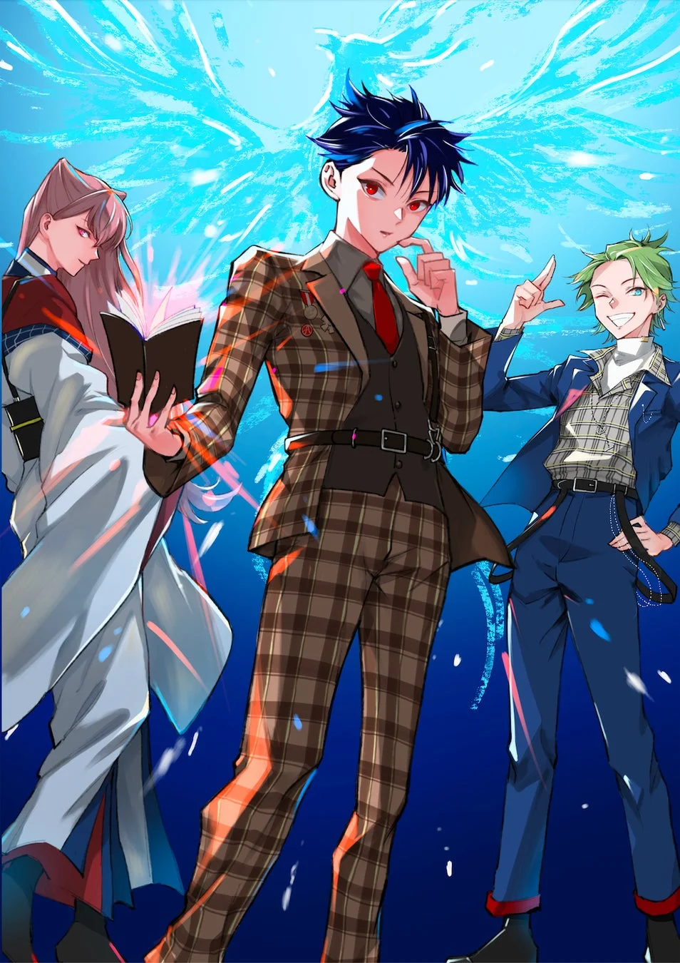 青い光の背景に、チェック柄スーツの男性、和服の女性、青いスーツの男性の3人のアニメキャラクターが描かれています。