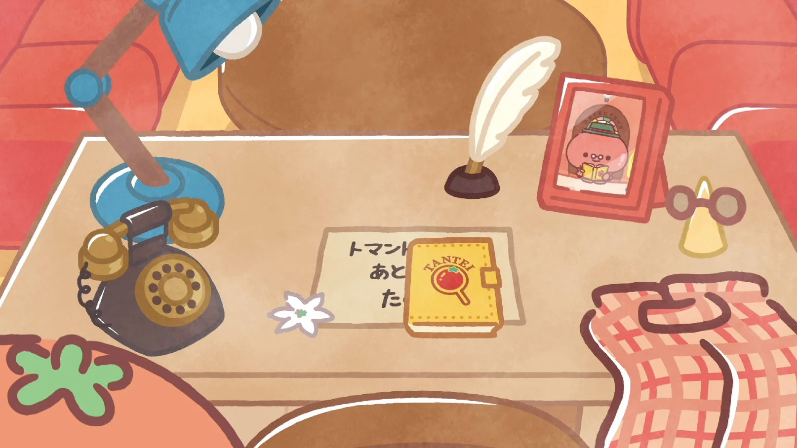 探偵風のデスクで働くトマトのキャラクター