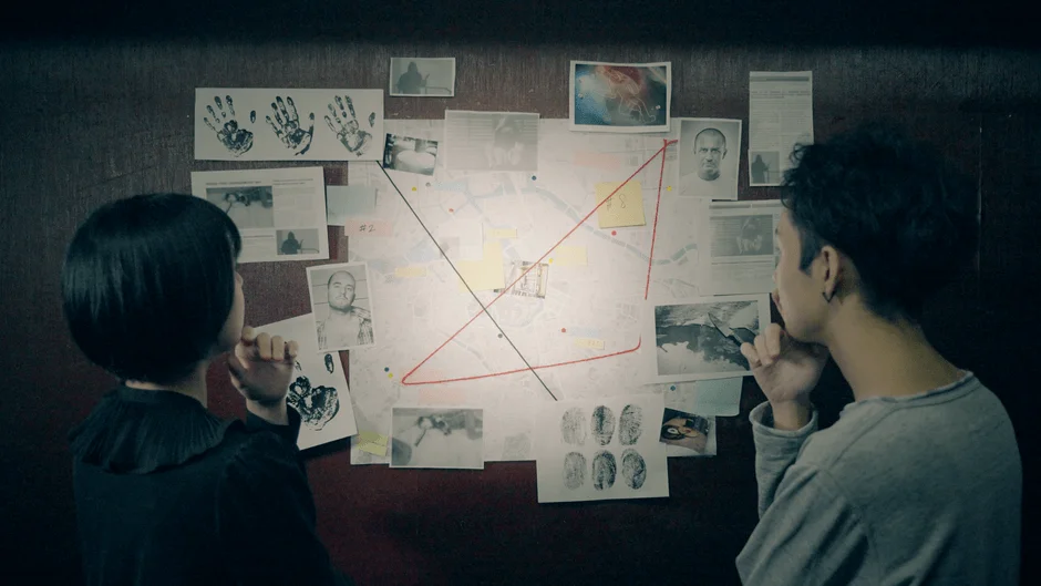 捜査ボードを見る二人