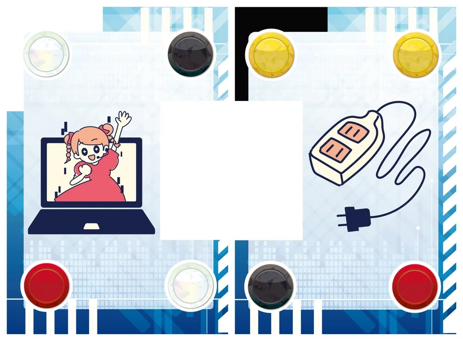 ノートパソコンに表示された歌う女の子のイラストと電源タップ
