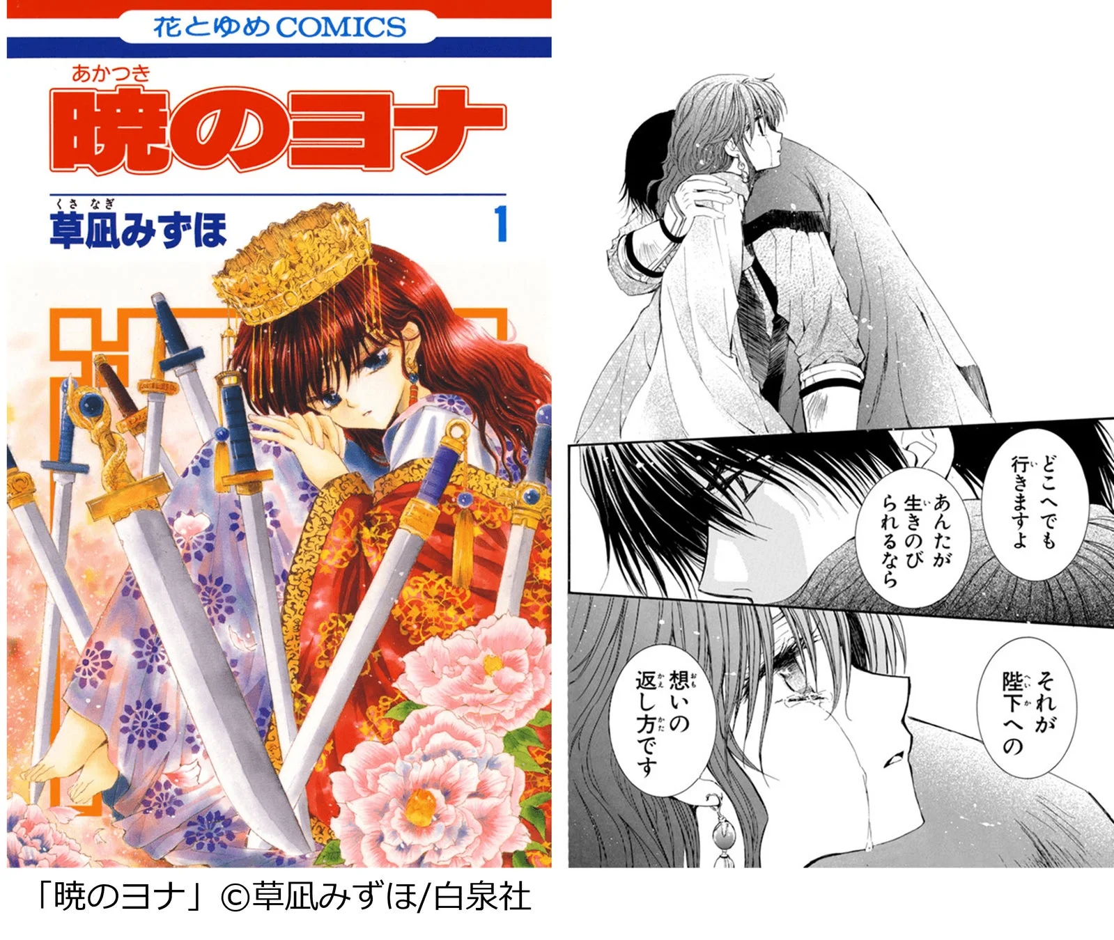 漫画「暁のヨナ」の単行本第1巻の表紙と、劇中の感情的なシーンが描かれています。