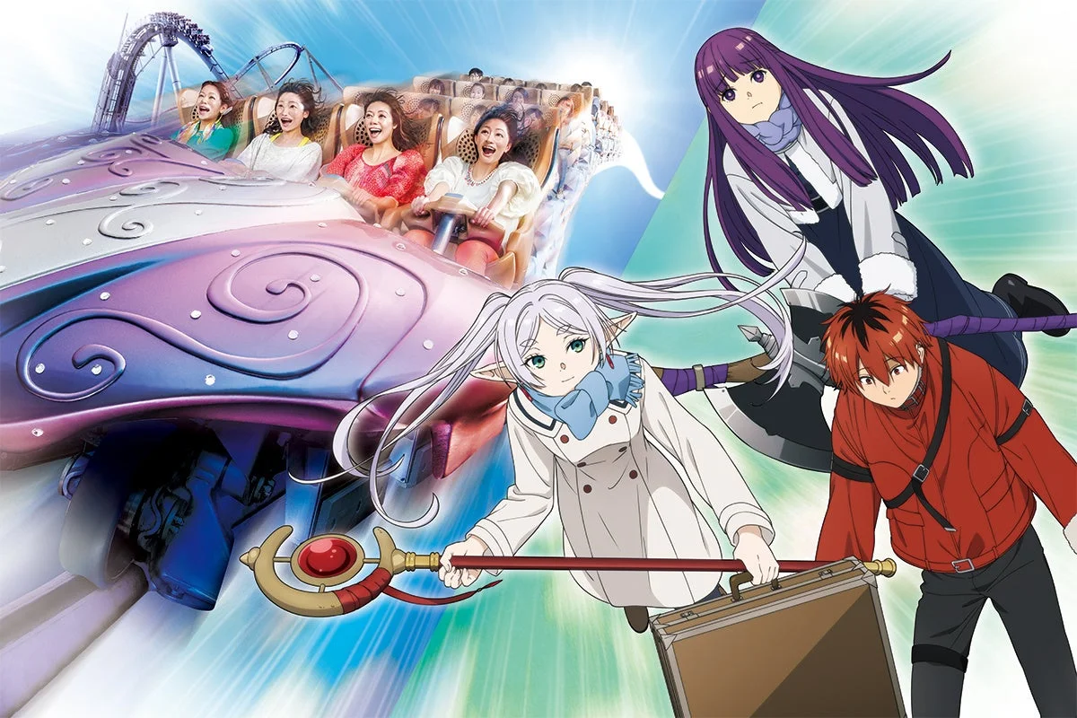 アニメキャラクターとジェットコースターに乗って楽しむ人々